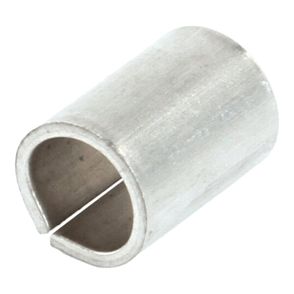 A cylindrical metal spacer with a slit running lengthwise along one side.