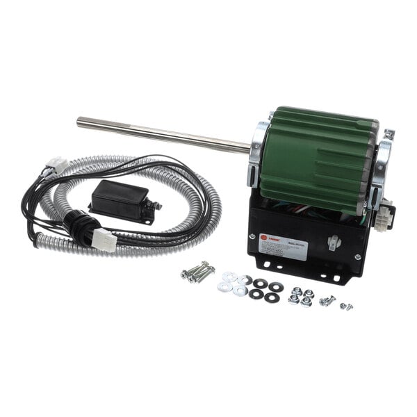 A green and silver electric motor assembly with a long shaft, accompanied by a coiled cable, a black control box, and various mounting hardware including screws, washers, and nuts, all arranged on a white background.