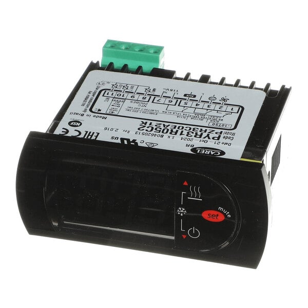 A black electronic temperature control unit with a digital display, labeled buttons, and a wiring diagram on top.