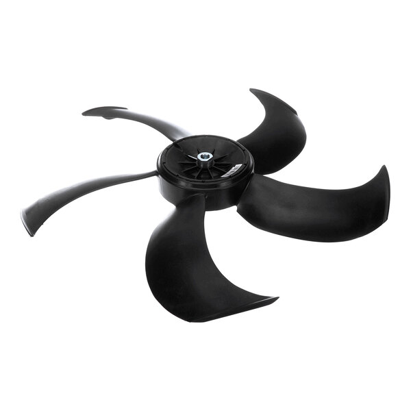A five-blade black fan blade with a central mounting hub, shown against a white background.