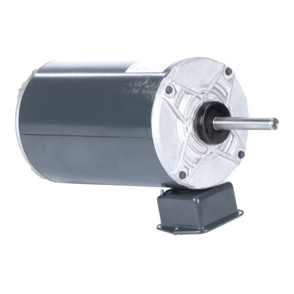 A cylindrical electric motor with a metallic shaft protruding from one end and a rectangular mounting base attached to the side.