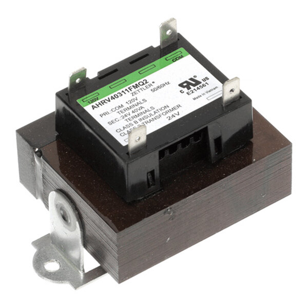 A rectangular electrical transformer with a black plastic top, metal mounting bracket, and visible metal terminals.