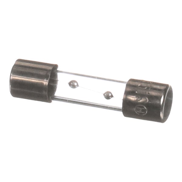 A small cylindrical glass fuse with metal caps on both ends and a thin wire visible inside.