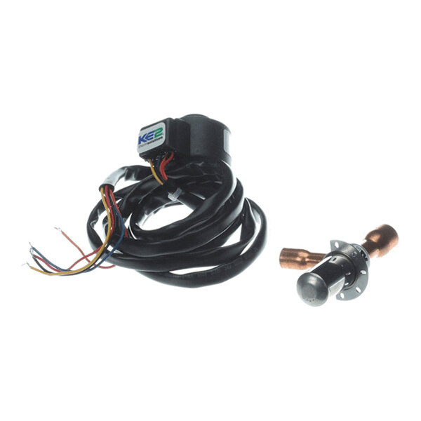 A coiled black cable with multiple colored wires at one end and a cylindrical metal component with copper fittings and a flange at the other end.