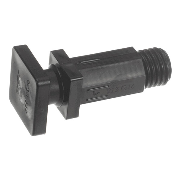 A black, adjustable plastic foot with a square base and threaded end, designed for leveling or support.