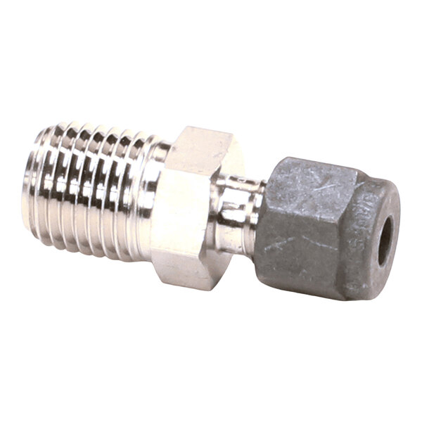 A metallic threaded fitting with a hexagonal nut and a cylindrical end, likely used for connecting pipes or probes.