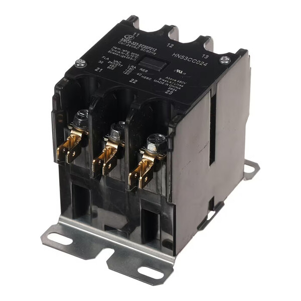 A black, three-pole electrical contactor with metal mounting brackets and visible terminal connections.