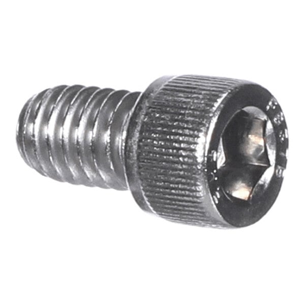 A metal socket head cap screw with a hexagonal drive and threaded body.