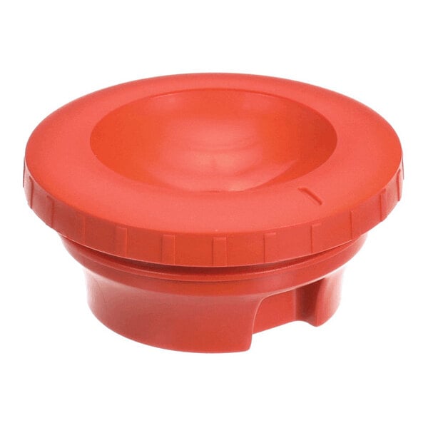 A red, round plastic lid with a recessed center and ridged edges.