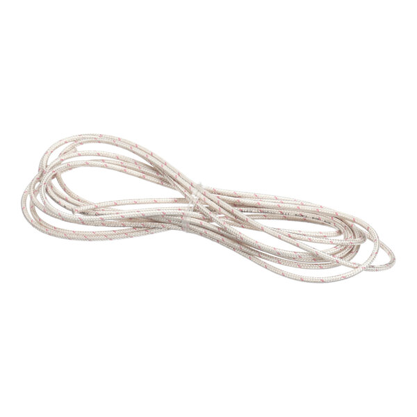 A coiled length of white wire with red markings, neatly looped and secured in the center.