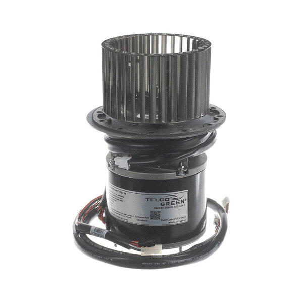 A cylindrical blower motor assembly with attached wiring and a label on the side.