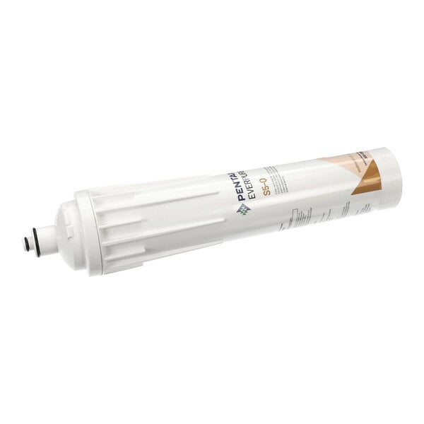 A cylindrical white filter cartridge with a label and a connector at one end.