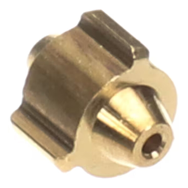 A close-up view of a small, metallic, cylindrical component with a central hole and grooved sides.