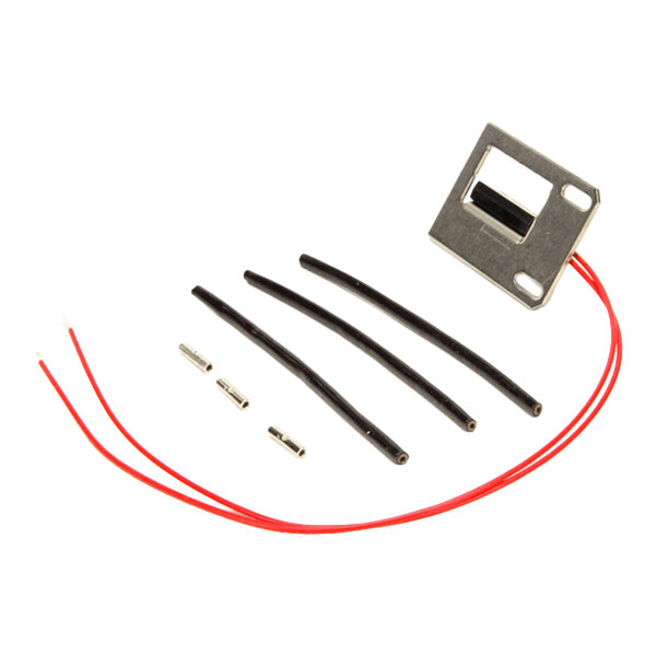 A metal component with attached red wires, three black tubes, and three small metal connectors arranged on a white background.