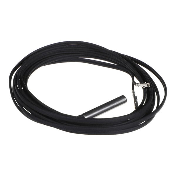 A coiled black cable with a cylindrical metal probe on one end and exposed wire connectors on the other end.