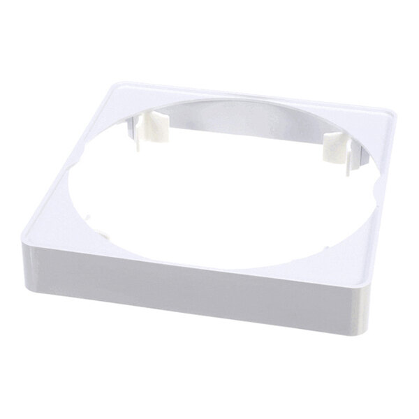 A white, square-shaped plastic frame with a large circular opening and small clips on the inner edge.