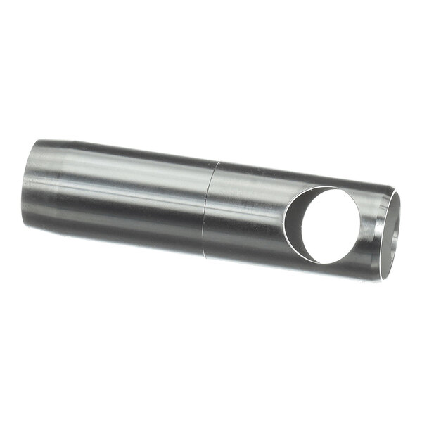 A cylindrical metal tube with a large circular cutout on one side.