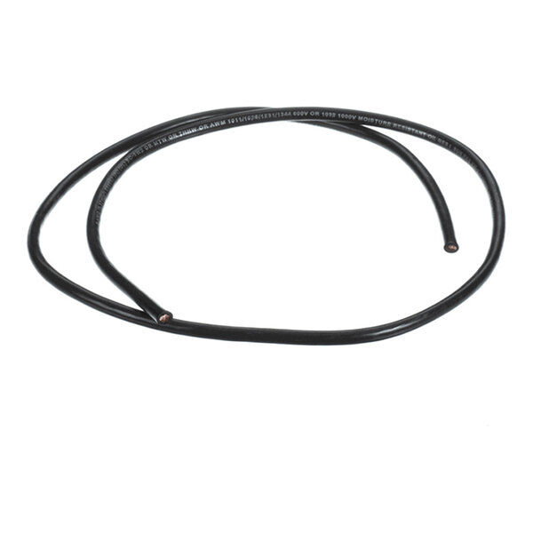 A length of black electrical wire with exposed copper ends, coiled in a loose loop.