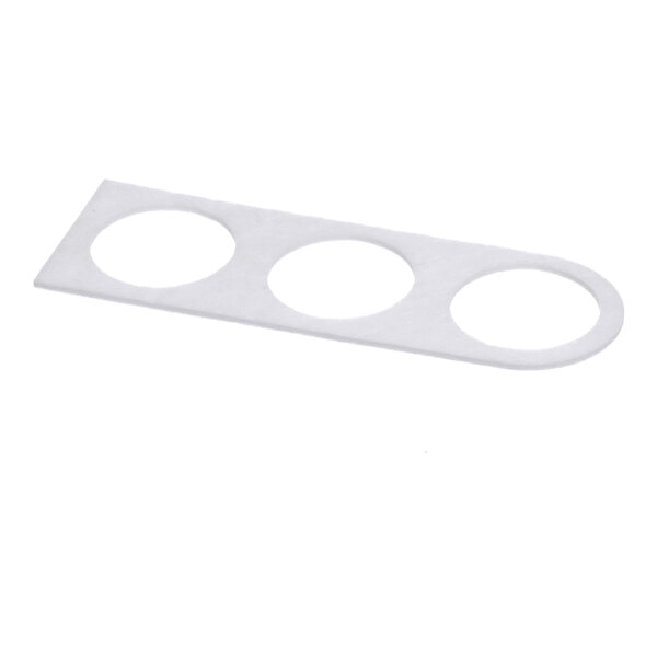 A flat, rectangular white piece with three evenly spaced circular cutouts.