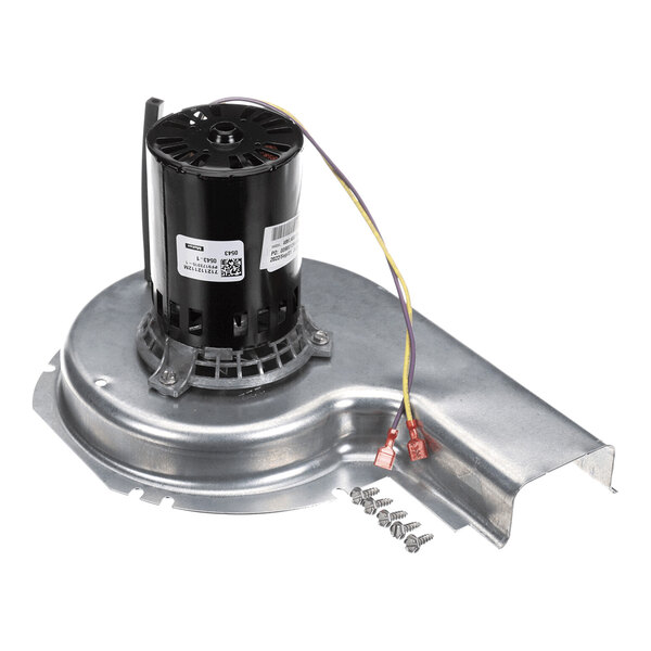A metal and black motor assembly with attached wires and several screws placed beside it.