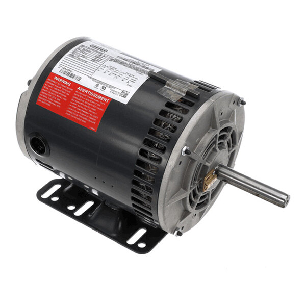 A cylindrical electric motor with a metal mounting base, visible shaft, and attached product labels.