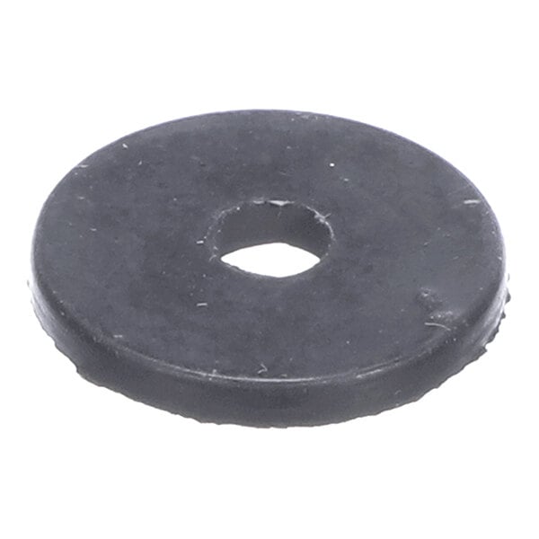 A black, round rubber washer with a central hole, viewed from an angle.