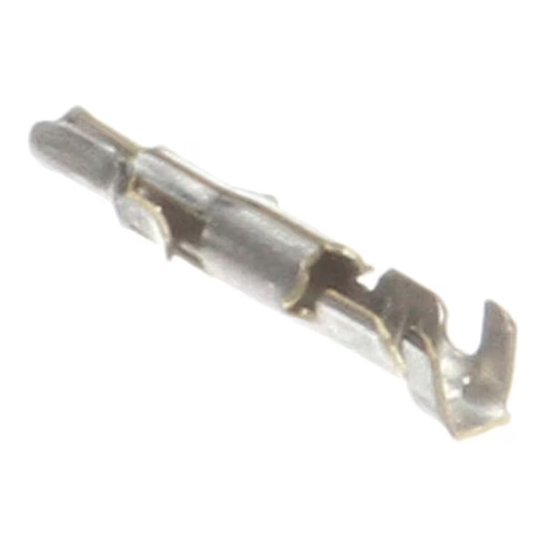 A close-up view of a small metallic pin terminal with a split end, commonly used for electrical connections.