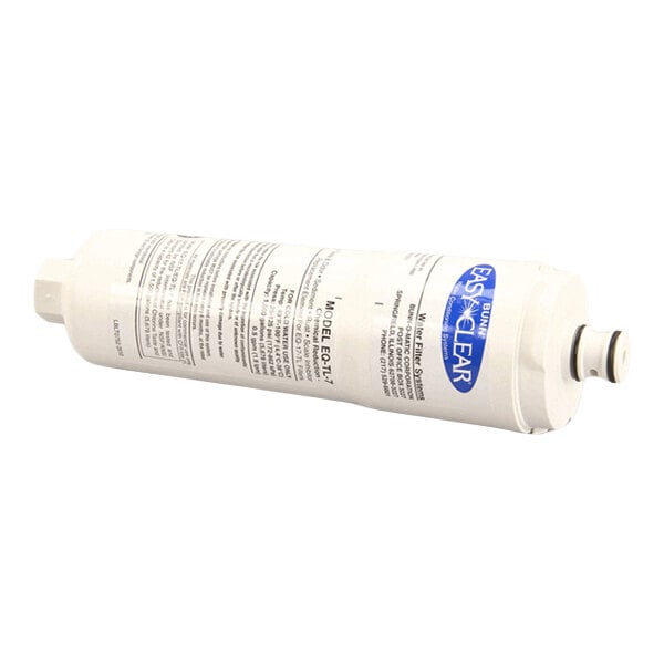 A cylindrical white cartridge with printed text and a blue label, featuring connectors on both ends.