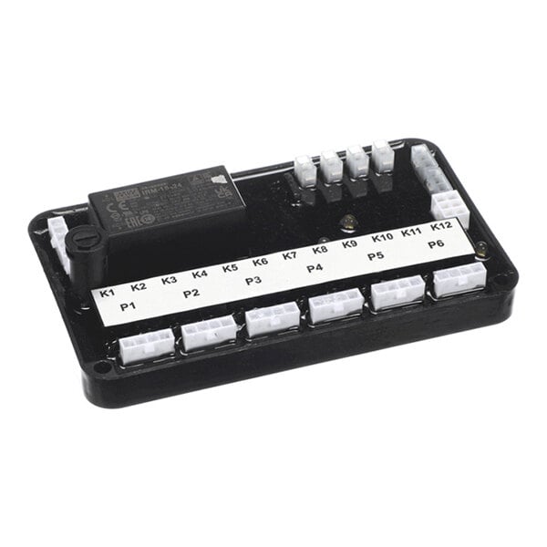 A rectangular black electronic board with multiple white connectors labeled K1 to K12 and P1 to P6, and a large black relay component on the left side.