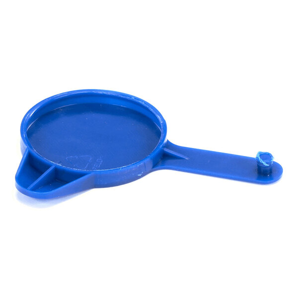 A blue plastic plug or cap with a round section and an extended handle.