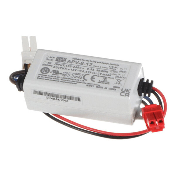 A rectangular electronic power supply unit with printed specifications on the label and multiple colored wires with connectors attached.