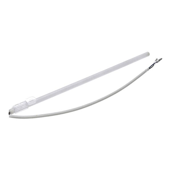 A transparent cylindrical tube with an attached white wire and metal connector ends.