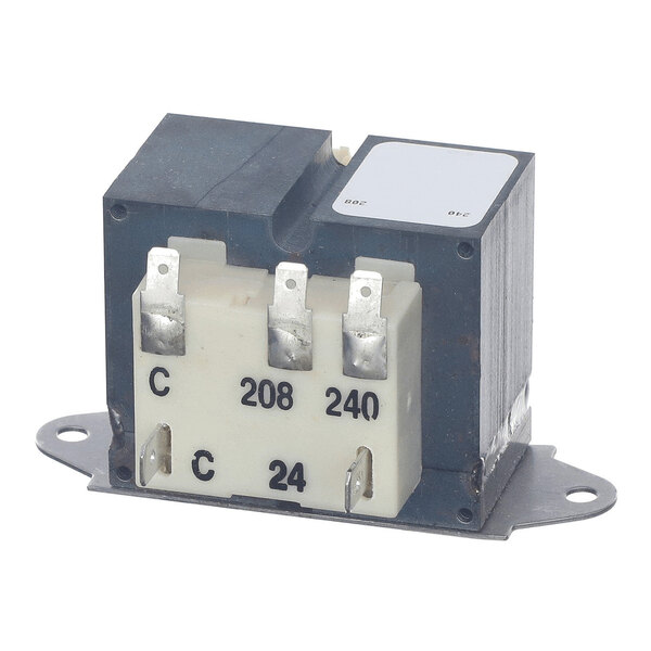 A rectangular electrical transformer with labeled metal terminals for 208V, 240V, and 24V connections, mounted on a metal base.