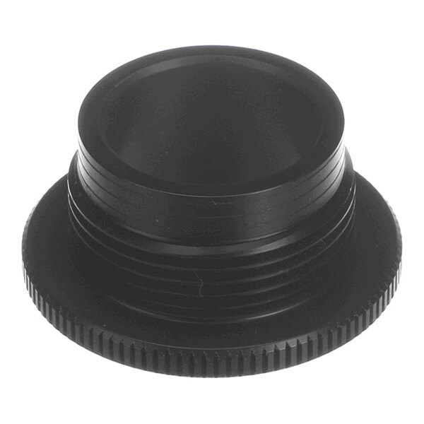 A black, cylindrical, threaded component with a flanged base and ridged edge, likely made of plastic or metal.