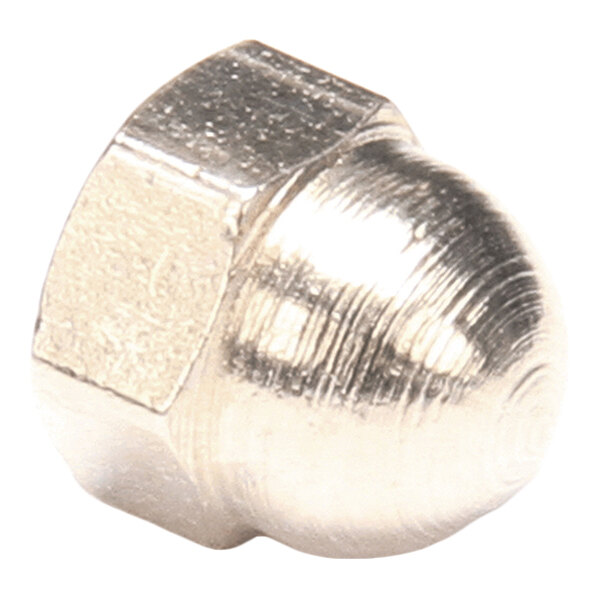 A shiny, metallic hexagonal nut with a domed, closed end, commonly known as an acorn nut.