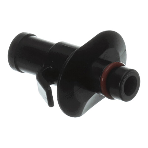 A black plastic cylindrical component with a flange, a side tab, and a red O-ring near one end.