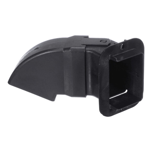 A black, L-shaped plastic component with a rectangular opening and mounting flange, likely part of a duct or vent system.