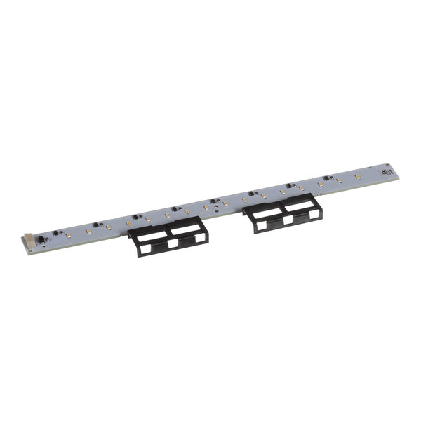 A long, narrow electronic circuit board with multiple small components and two black rectangular brackets attached.