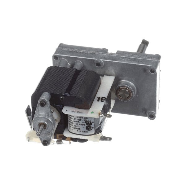 A metal and plastic electric motor assembly with a visible shaft and mounting plate.
