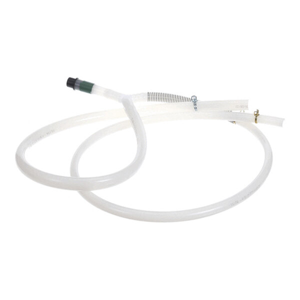 A transparent flexible hose with metal clamps and a black and green connector at one end, coiled on a white background.