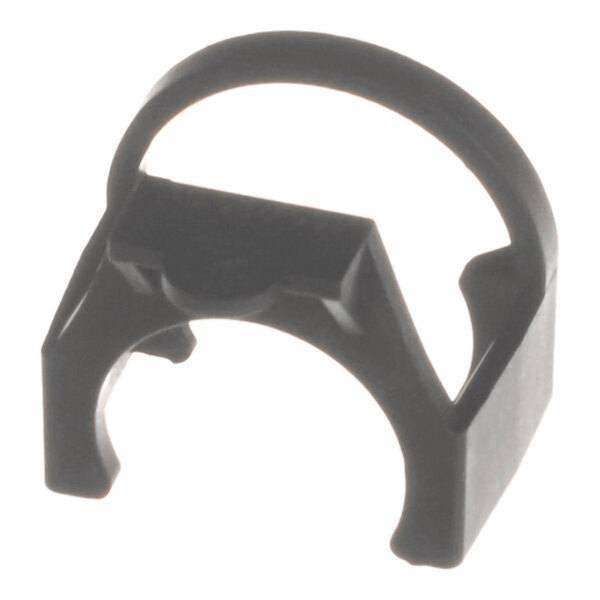 A black plastic ring-shaped component with a partial circular opening and angular edges.