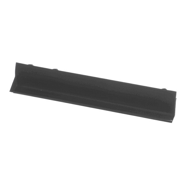 A black, elongated, rectangular plastic or metal component with a grooved surface, viewed at an angle against a white background.