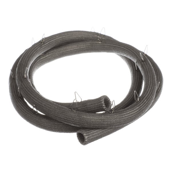 A coiled, dark-colored woven gasket with metal clips attached along its length.