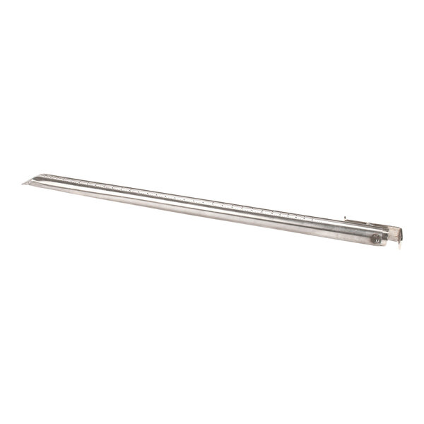A long, metallic, rectangular object with measurement markings along its length, resembling a metal ruler or burner component.
