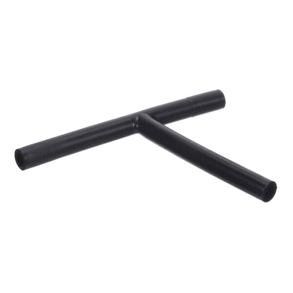 A black, T-shaped plastic tube with three open ends.