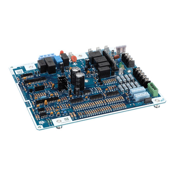 A blue electronic circuit board with various components such as capacitors, relays, connectors, and integrated circuits mounted on it.