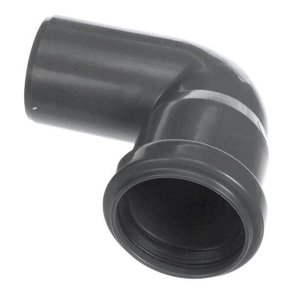 A black plastic 90-degree elbow pipe fitting with a smooth, glossy surface.
