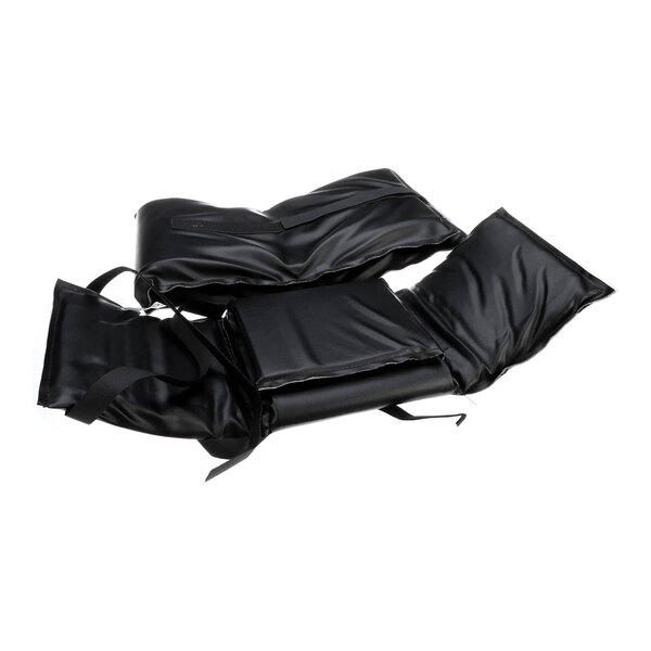 A black, padded, and segmented cover with straps, likely made of a leather-like or vinyl-like material, shown laid out flat.