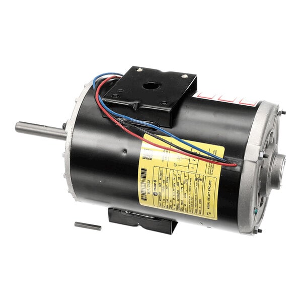 A cylindrical electric motor with a black body, visible wiring, a metal mounting bracket, and a yellow specification label.