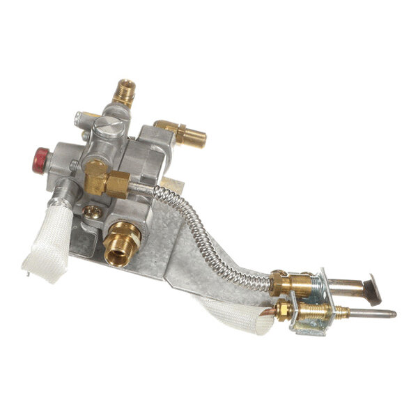 A metal and brass mechanical assembly with flexible tubing and fabric-wrapped components, featuring several valves and connectors.
